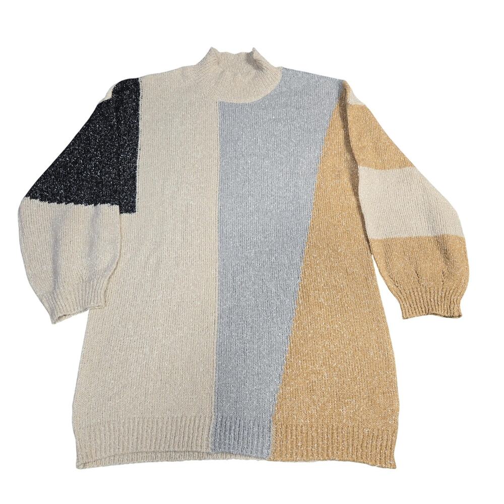 Blu Pepper Sweater Womens Large Multicolor Colorblock Mock Neck Tunic Knit - Picture 1 of 8